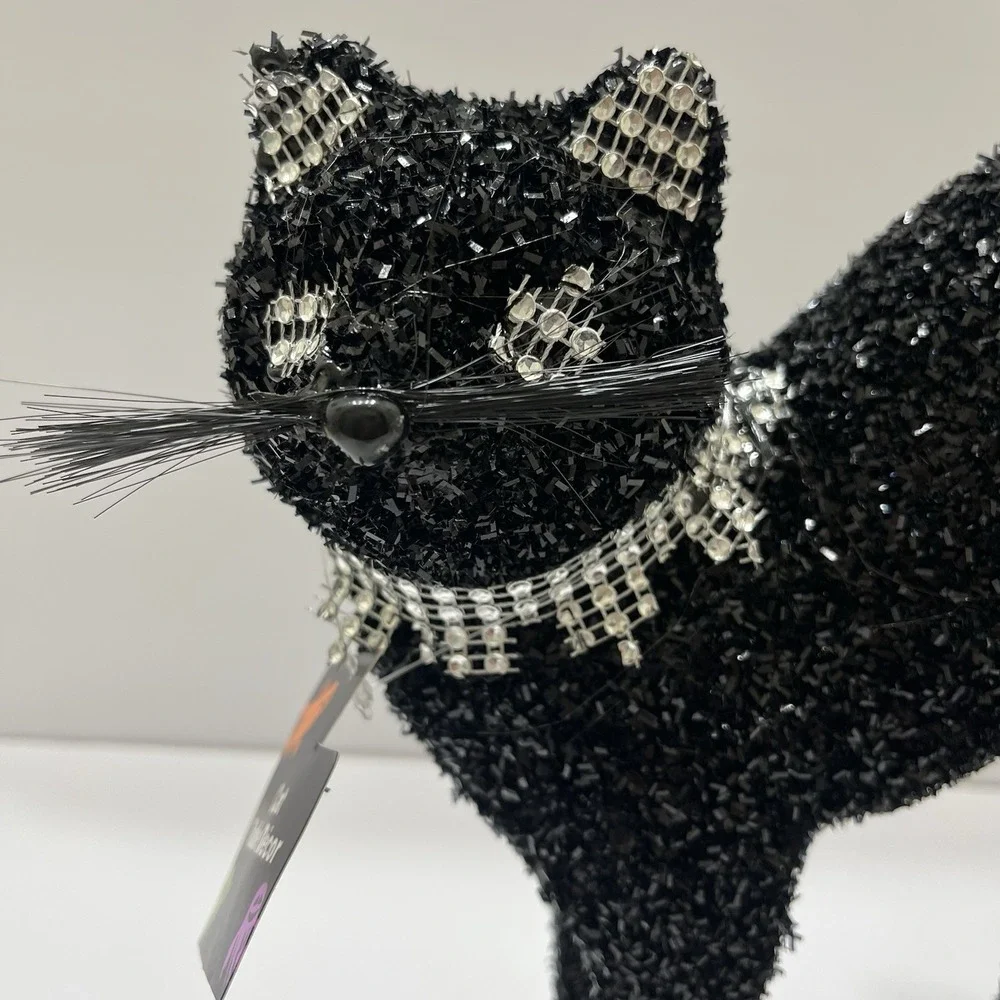 Halloween Black Table Cat Sparkly Black Tinsel Rhinestone Collar Eyes Ears 12